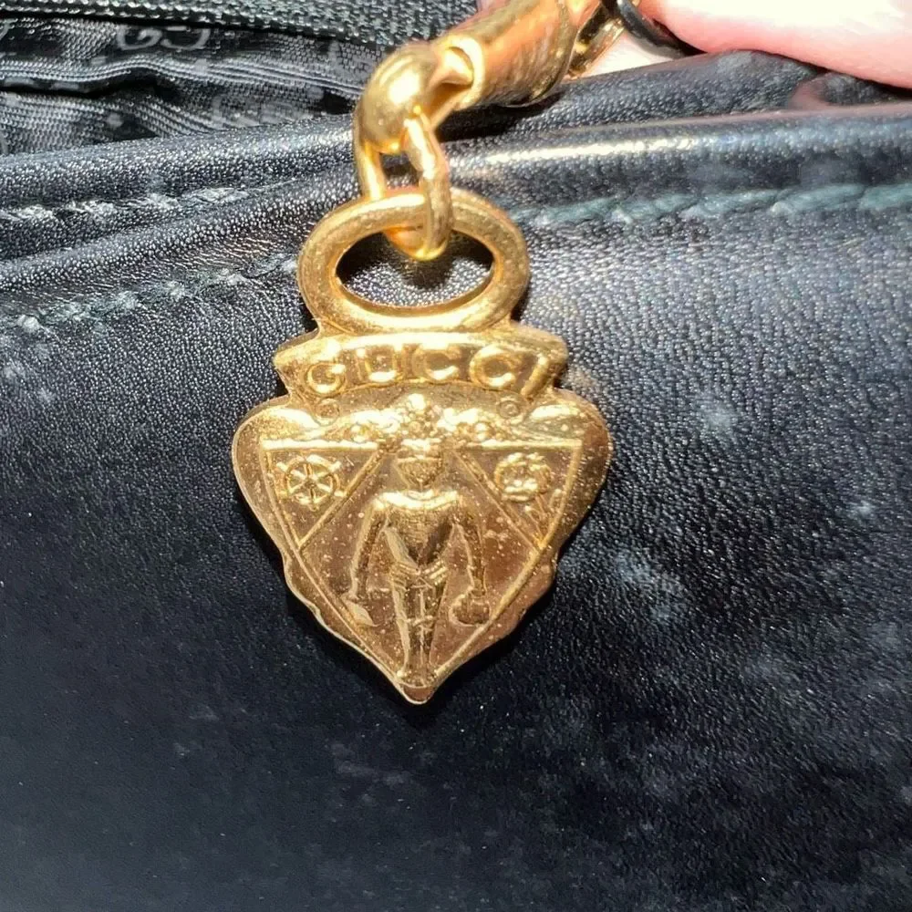 Gucci Vintage Black Leather Padlock Clutch Gold Tone Hardware